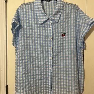 SHEIN Blue and White Checkered Button Down Shirt